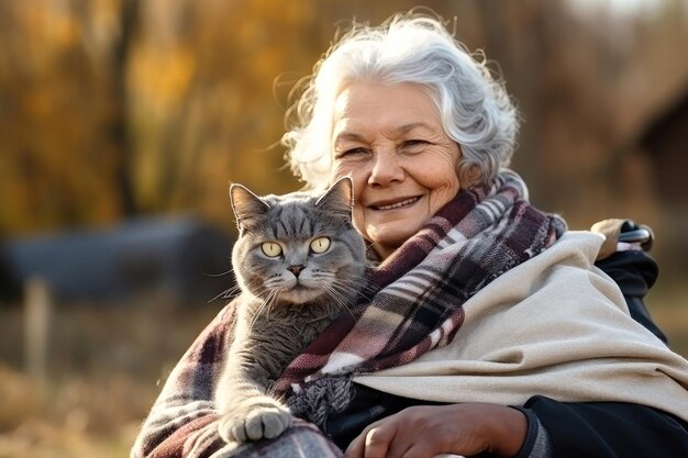 猫を抱いた年配の女性