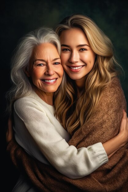 Photo older woman hugging younger woman with smile on her face on black background generative ai