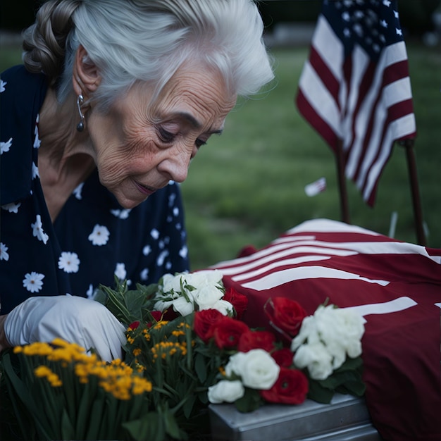 Foto una donna anziana sta posando un memoriale