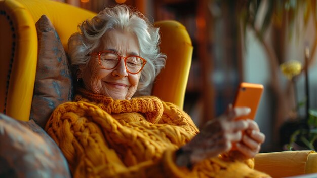 Photo an older woman is looking at a cell phone