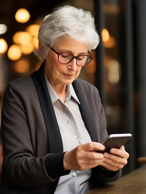 Photo an older woman is looking at her phone