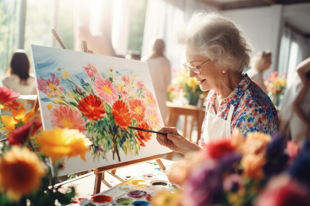 Foto una donna anziana sta dipingendo fiori su una tela