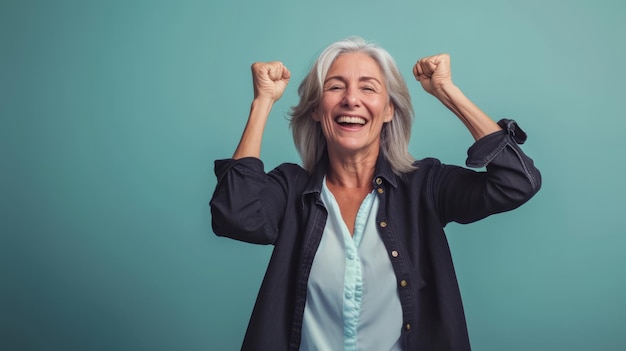 An older woman is raising her arms in the air