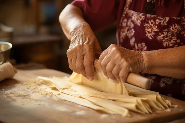 Photo an older woman is rolling the dough of a dough