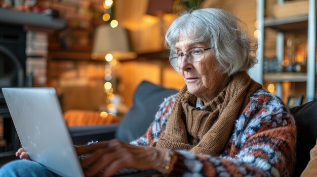 Photo an older woman is sitting on a couch and using a laptop