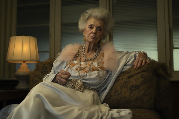 Foto donna anziana che ascolta musica sul divano a casa
