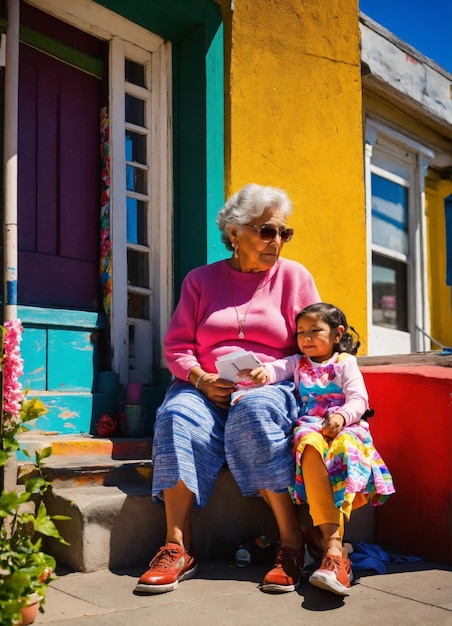 an older woman and a little girl sit on a porch