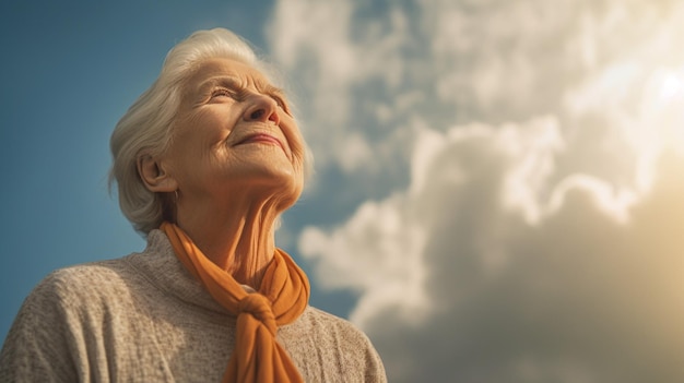 Пожилая женщина смотрит на небо и смотрит