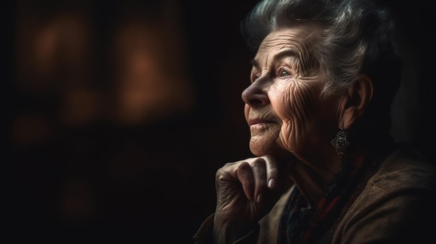 An older woman looks up at the sky.