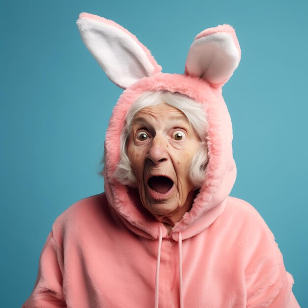 Photo an older woman in a pink bunny costume with a big mouth