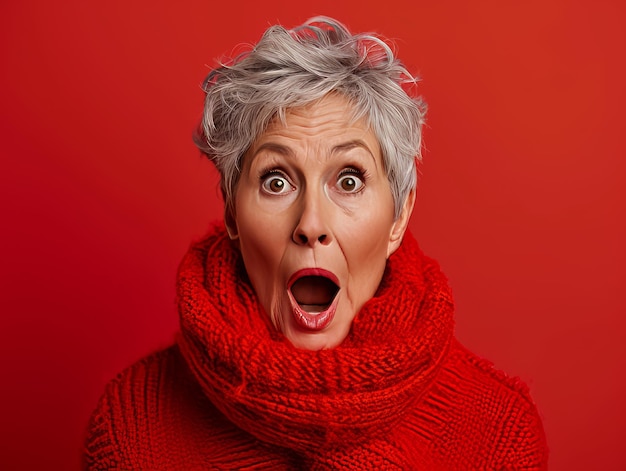 An older woman in a red sweater and scarf with her mouth open