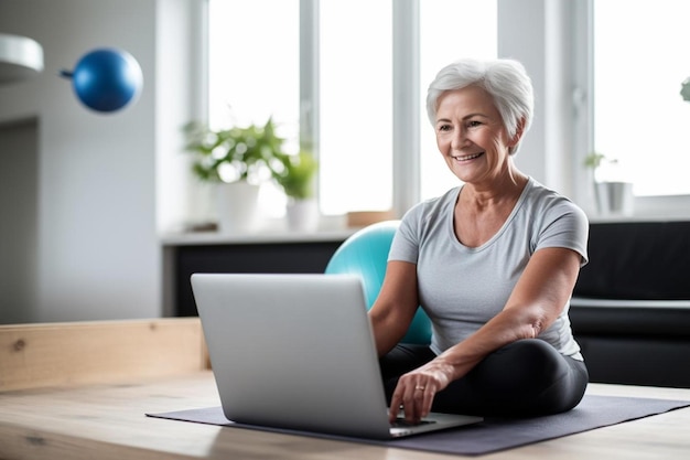 an older woman sits in front of a laptop with a blue ball in the background