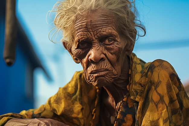 An older woman sits outside holding an image