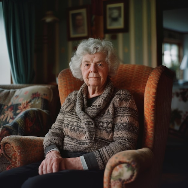 an older woman sitting in a chair in a living room