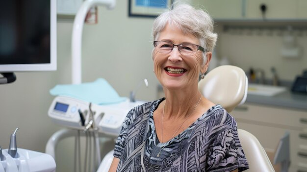 歯医者の椅子に座って歯医者の診療室でカメラに笑顔を浮かべている年配の女性
