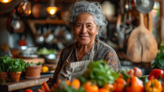 Foto donna anziana circondata da verdure in cucina ai generativa