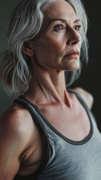 An older woman in a tank top looking off to the side