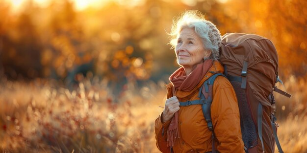 An older woman trekking with a backpack very charming and elegant Generative Ai