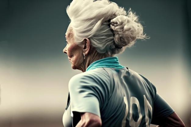 An older woman wearing a blue jersey with the number 103 on it.