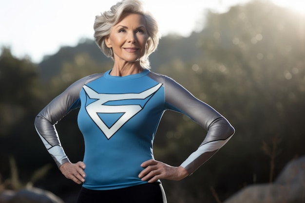 Photo an older woman wearing a blue and white superhero shirt