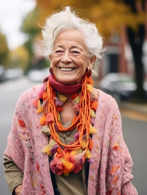 Foto una donna anziana che indossa una sciarpa colorata per strada