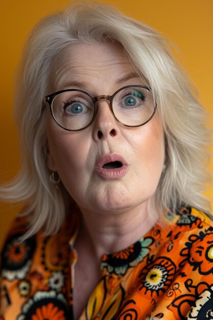 An older woman wearing glasses and making a surprised face