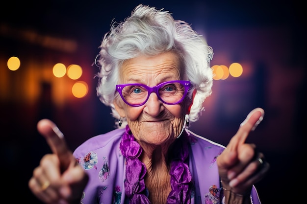 Older woman wearing glasses and purple bow tie gives thumbs up