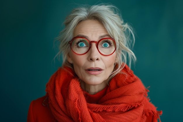 Пожилая женщина в очках и красном шарфе.