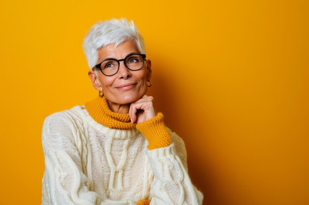 An older woman wearing glasses and a sweater posing against a yellow background