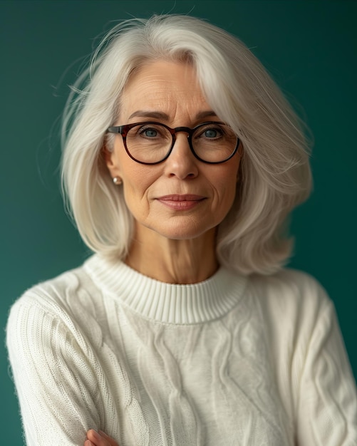 An older woman wearing glasses and a sweater