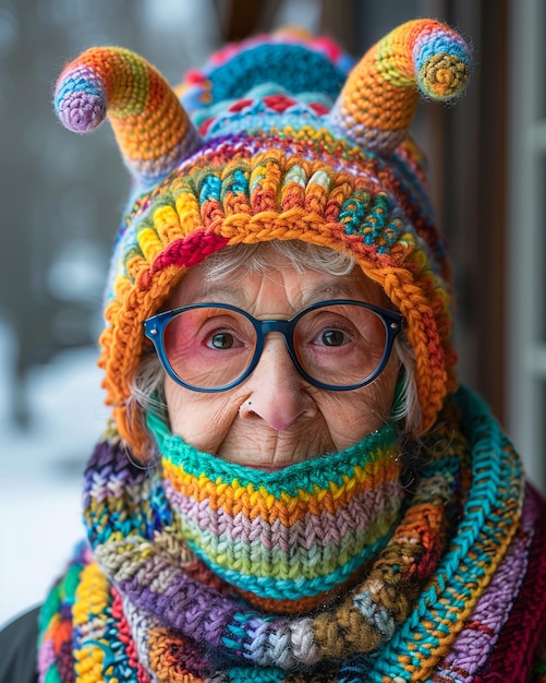 an older woman wearing a hat with a bear on it