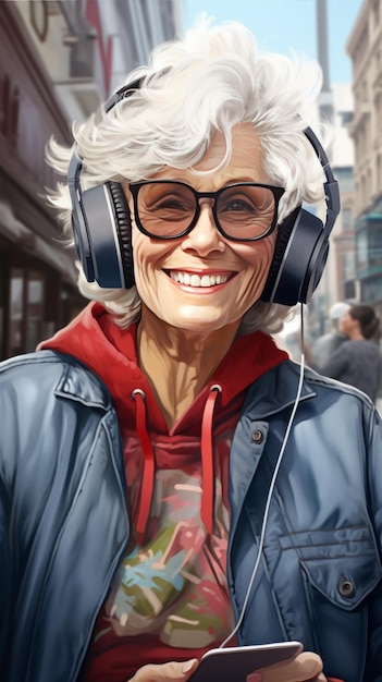 An older woman wearing headphones and looking at her phone