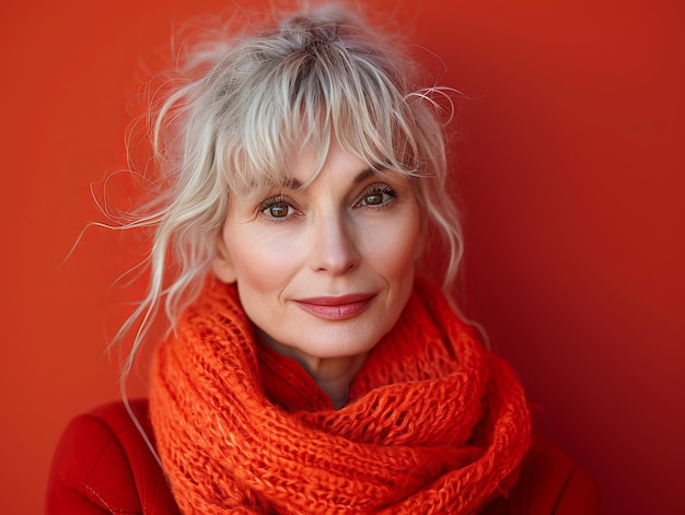 An older woman wearing an orange scarf on a red background