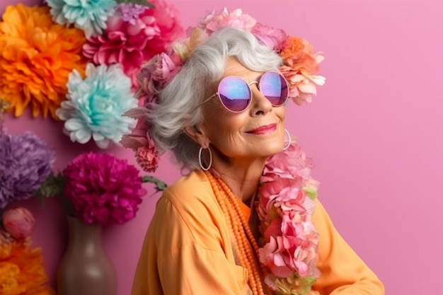 An older woman wearing sunglasses and a flower vase