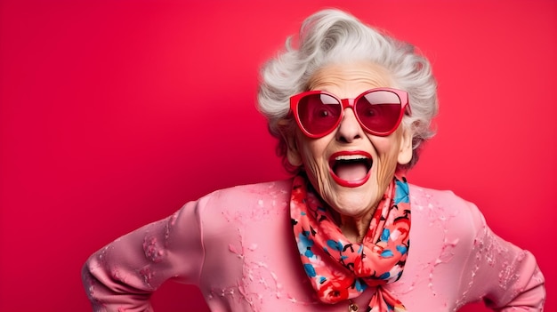 An older woman wearing sunglasses and a pink jacket with the word old on it.