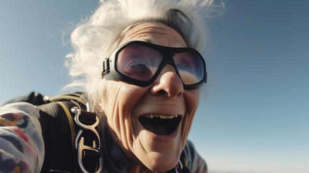 An older woman wearing sunglasses and a scarf smiles and looks up at the camera.