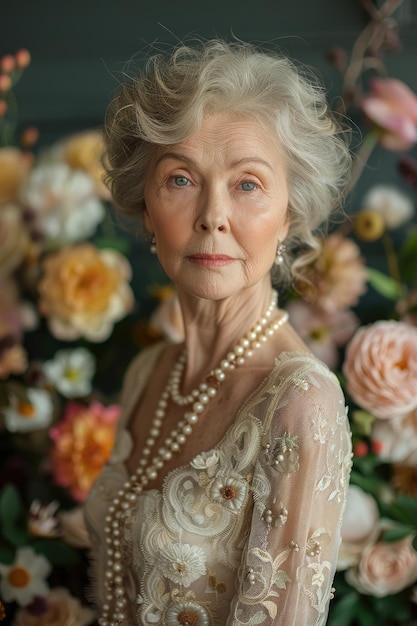 An older woman wearing a vintage dress and pearls posing with grace and elegance