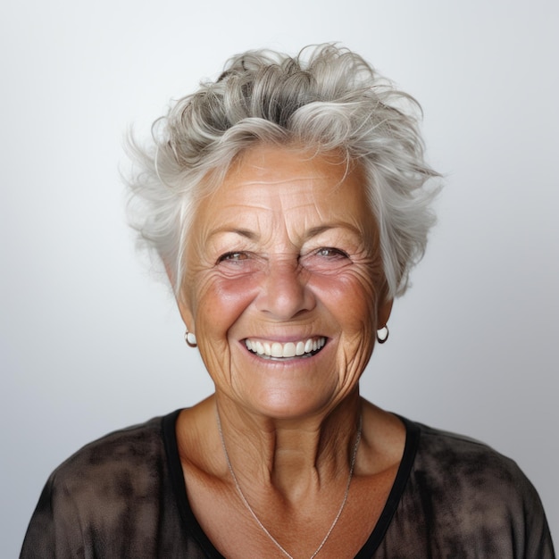 an older woman wearing a white shirt