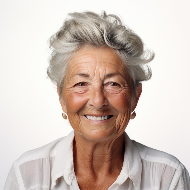 an older woman wearing a white shirt