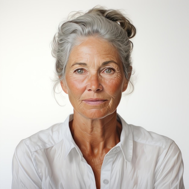 an older woman wearing a white shirt