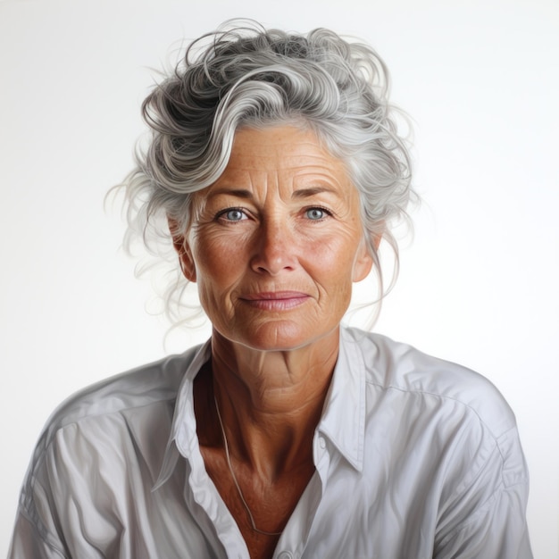 an older woman wearing a white shirt