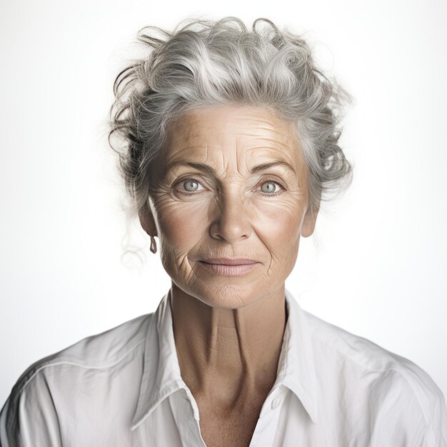 an older woman wearing a white shirt