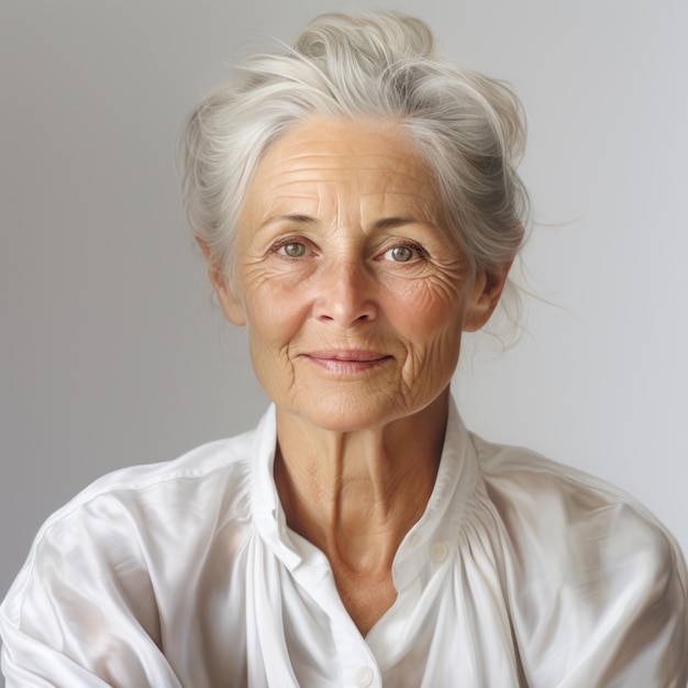 an older woman wearing a white shirt