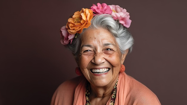 An older woman with flowers on her head