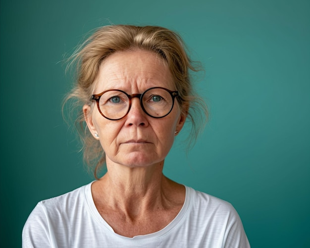 An older woman with glasses on a blue background