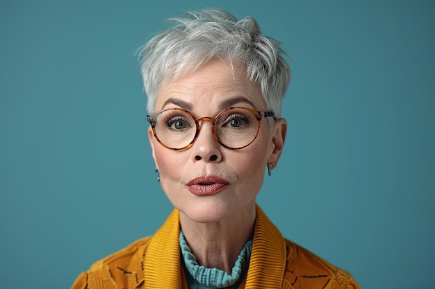 An older woman with glasses on a blue background