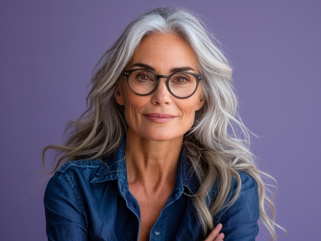 Photo an older woman with glasses and a denim shirt standing in front of a purple background