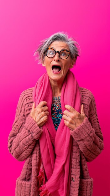 An older woman with glasses and a pink scarf on a pink background