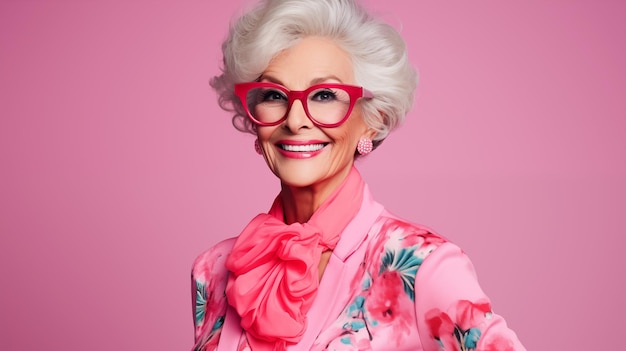 Una donna anziana con gli occhiali e una camicia rosa con una sciarpa rosa
