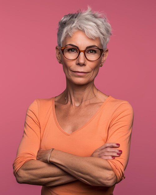 An older woman with glasses standing with her arms crossed on a pink background